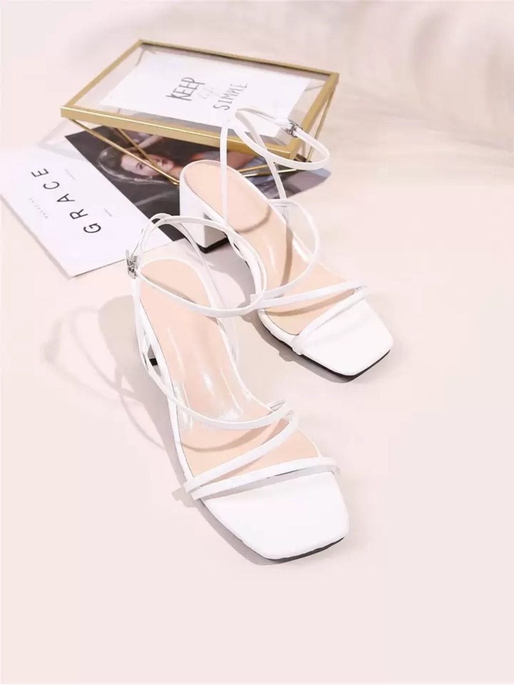 Womens White Strappy Square-Toe Sandals - Elegant Minimal Design